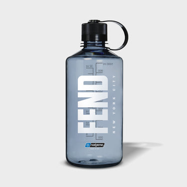 A translucent blue-gray water bottle with a black cap and loop handle, featuring large white vertical 'FEND' lettering and smaller 'NEW YORK CITY' text on the front, shown on a light gray background.