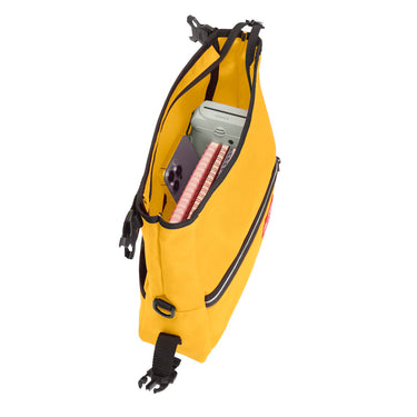 Manhattan Portage - Pursuit Bike and Shoulder Bag - Dark Mustard shoulder bag with a red label Manhattan Portage logo - Top Open #color_dark-mustard